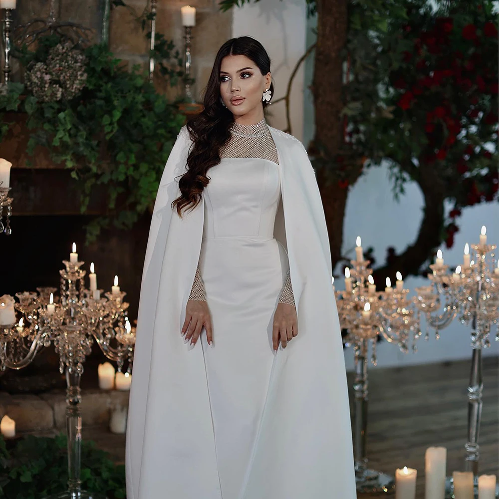 

Muslim Wedding Dresses with Cape High Neck Lace Long Sleeve Mermaid Bride Dress Modest Bridal Gown Customized vestido de novia