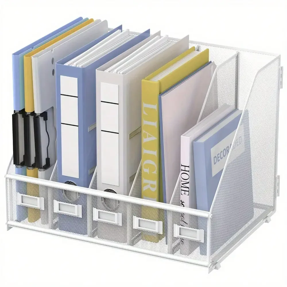

Desk Storage Rack/Magazine File Rack With Five Vertical Compartments, Wire Mesh Cover, Suitable For Desks And Home Works