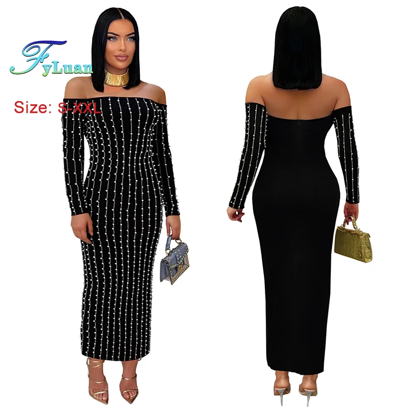 Europa Und Amerika Frauen Langes Kleid Elegante Langarm Set Diamanten, Figurbetontes Kleid Sexy Weg Von Der Schulter Einfarbig Prom Kleider