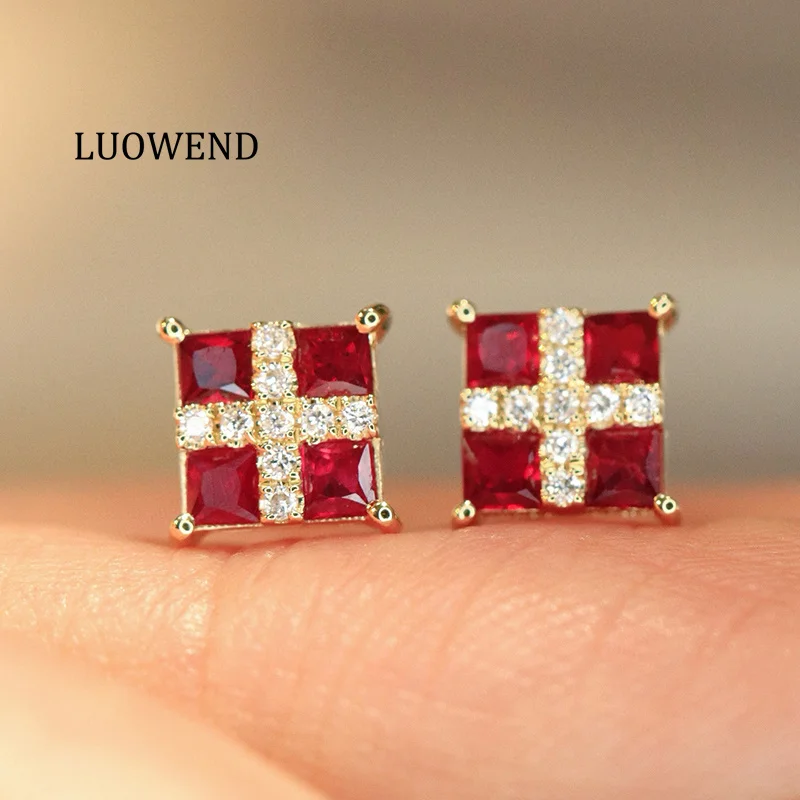 LUOWEND 100% 18K Yellow Gold Earrings Elegant OL Style Shiny Diamond Natural Ruby Stud Earrings for Women High Party Jewelry