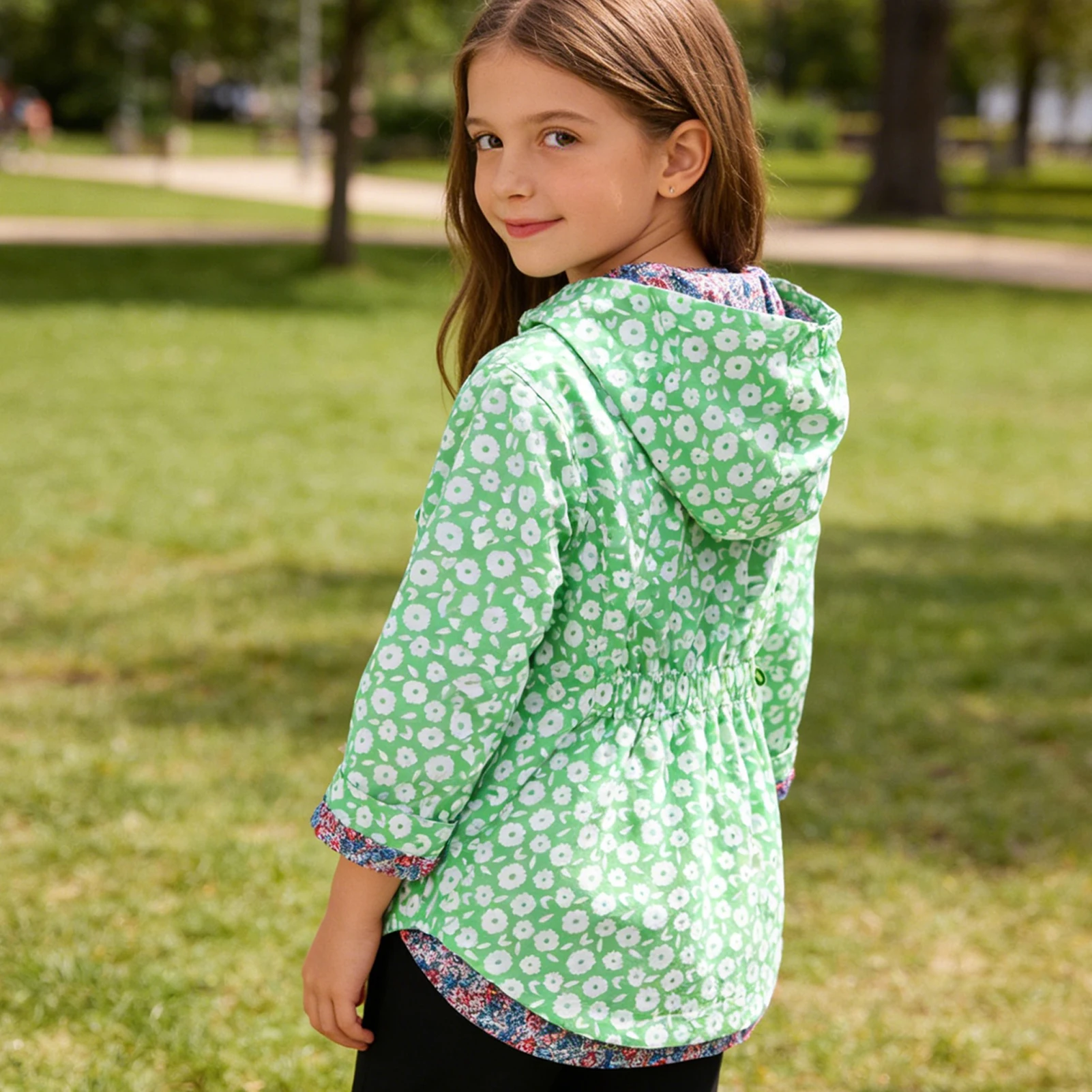 Flowers Hooded Children's Windbreaker,Girls' Trench Coat,Spring Autumn Windproof Transition Jacket Outdoor Sports Outfits