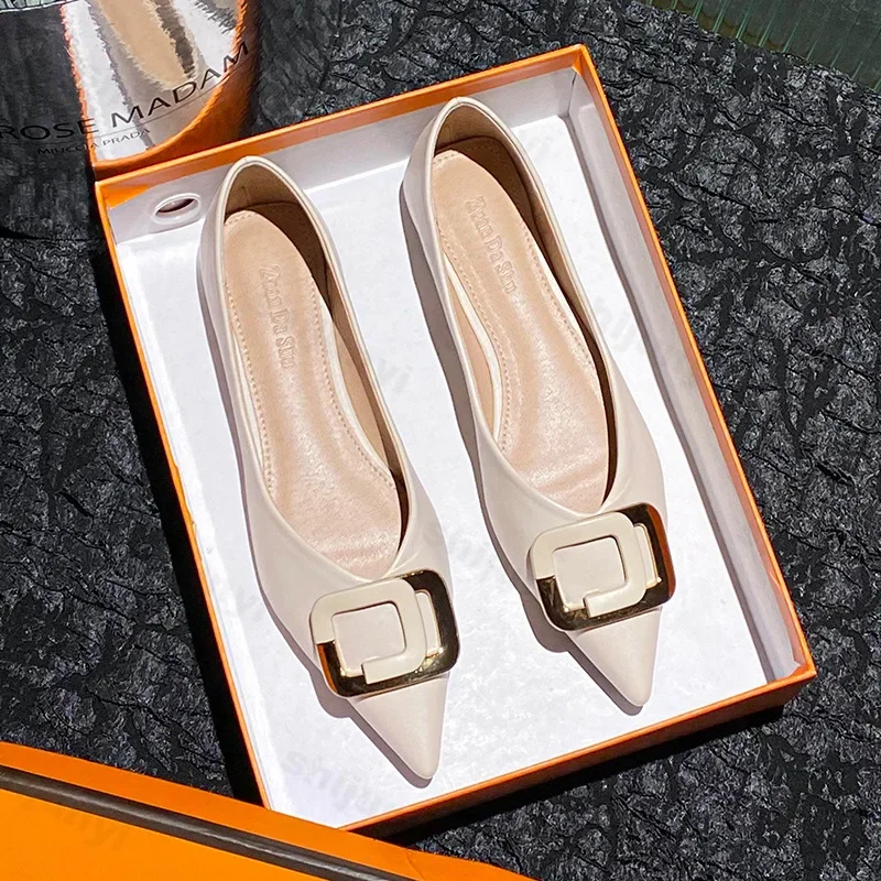 

Plus Size 43 Single Shoes for Women Shallow Chunky Heels Pumps 2025 Spring New Fashion Pointed Toe Leather High Heels Shoes