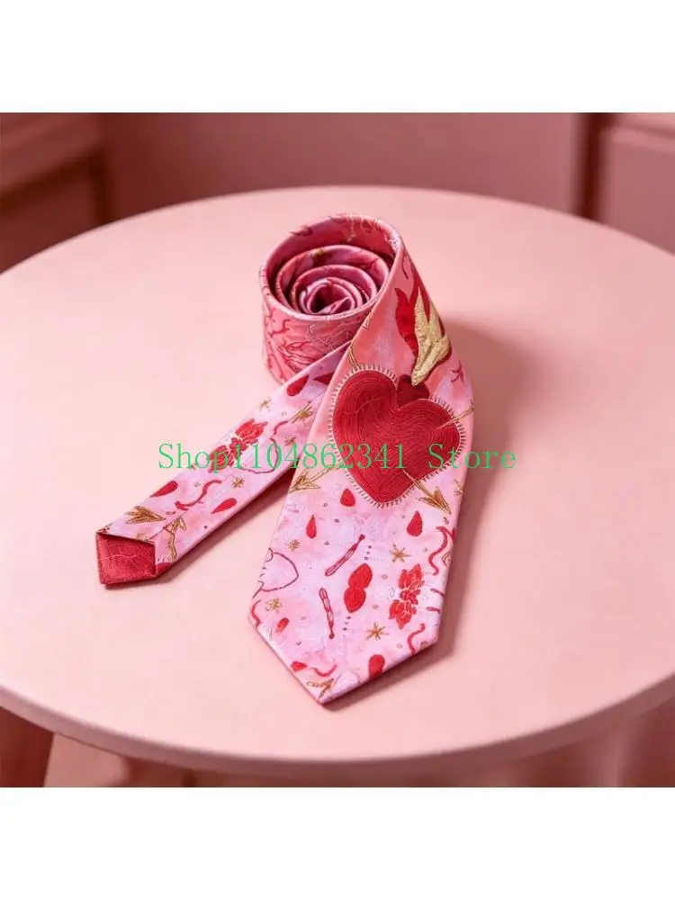 652F Stylish Flame Red Heart Pattern Necktie Polyester For Trendy Look Photo Props