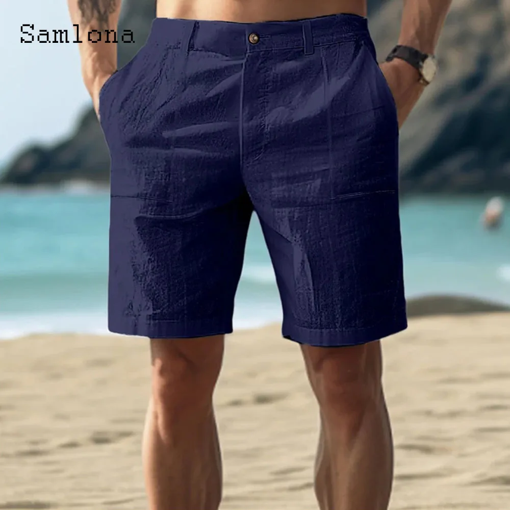 Samlona Mens Vintage Stand Pocket Cotton Linen Shorts Male Casual Beach Short Pants Solid White Khaki Button Fly Hotpants New