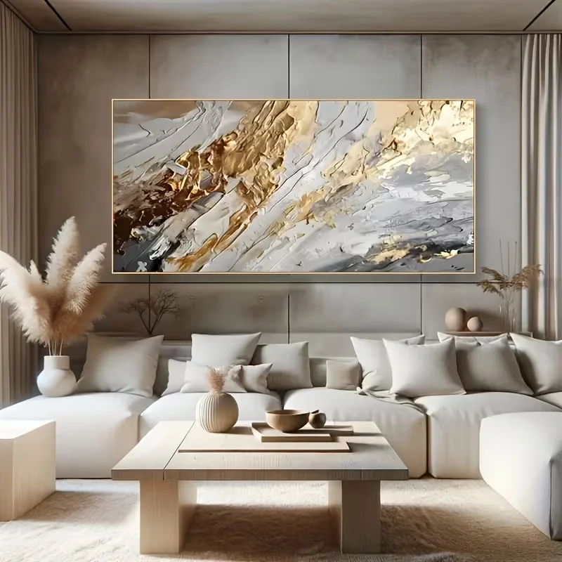 1pc 2D Flat 2D/Flat Art Frameless Canvas Print, Large Modern Abstract Golden and Gray, Shimmering Golden Tones, Luxurious Wall M