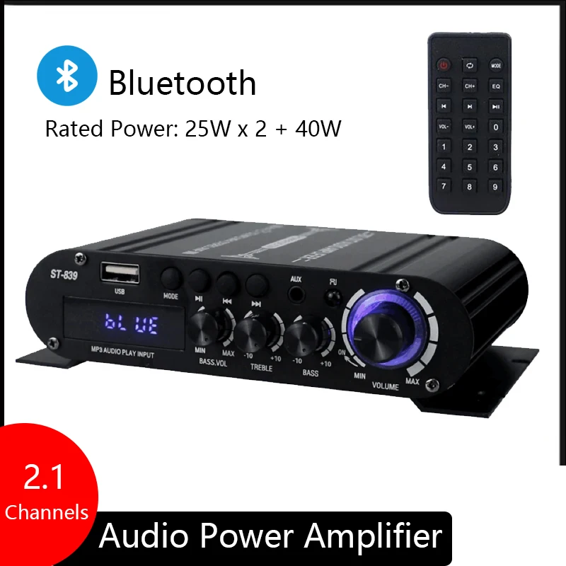 

ST-839 HiFi 2.1 Channel Power Amplifier 25W*2+40W Subwoofer Home Amplifier Sound Amp Bass and Treble Adjustmen Household AMP