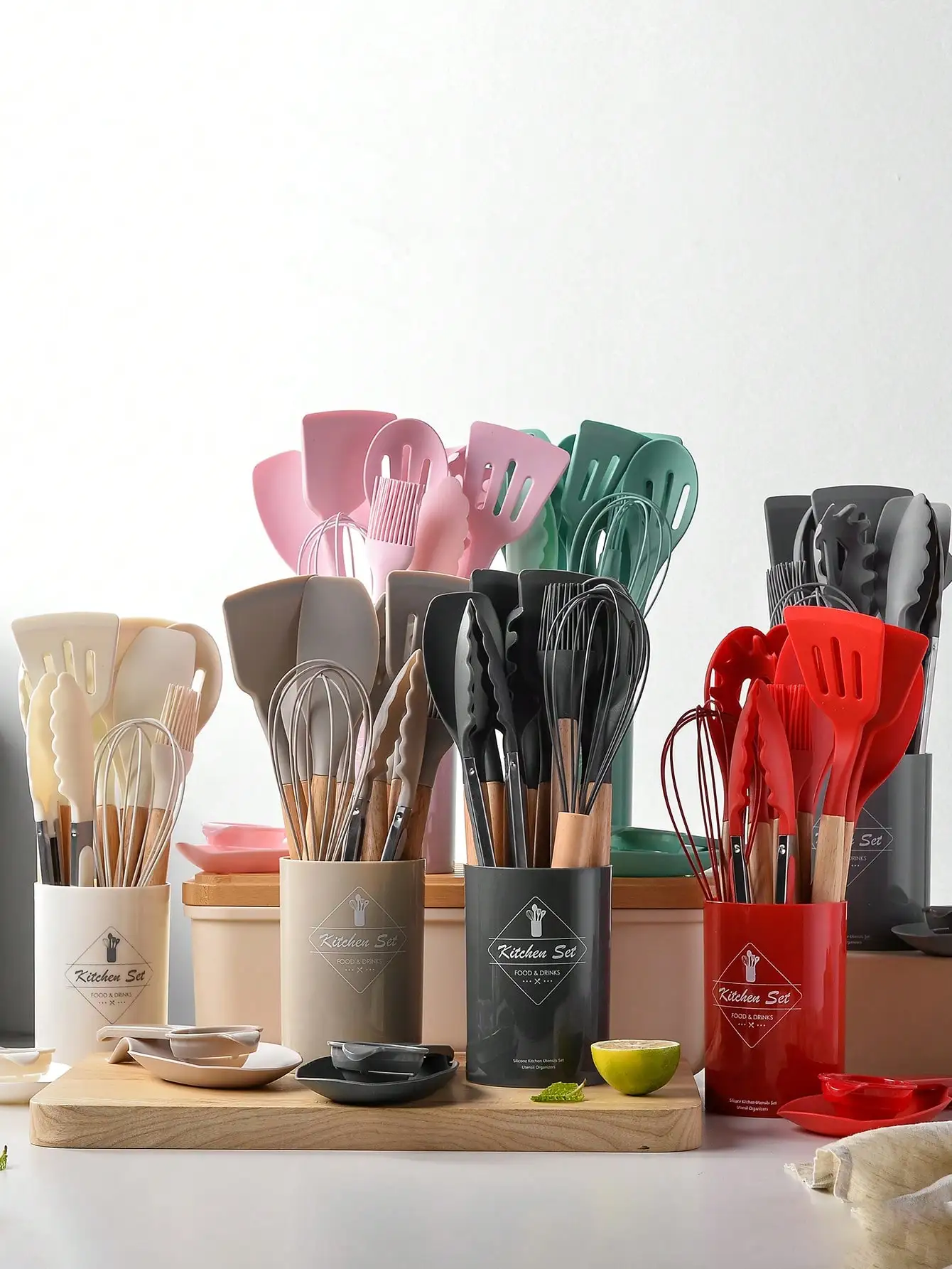 

14PCS Dark Grey Silicone Kitchen Utensils Set - Wooden Handles, Holder, Safe for Nonstick Cookware