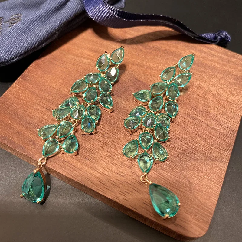 New Arrival Green Color Leaves Women Cubic Zirconia Long Earrings High Quality Jewelry Wedding Active Dangle Style Gifts