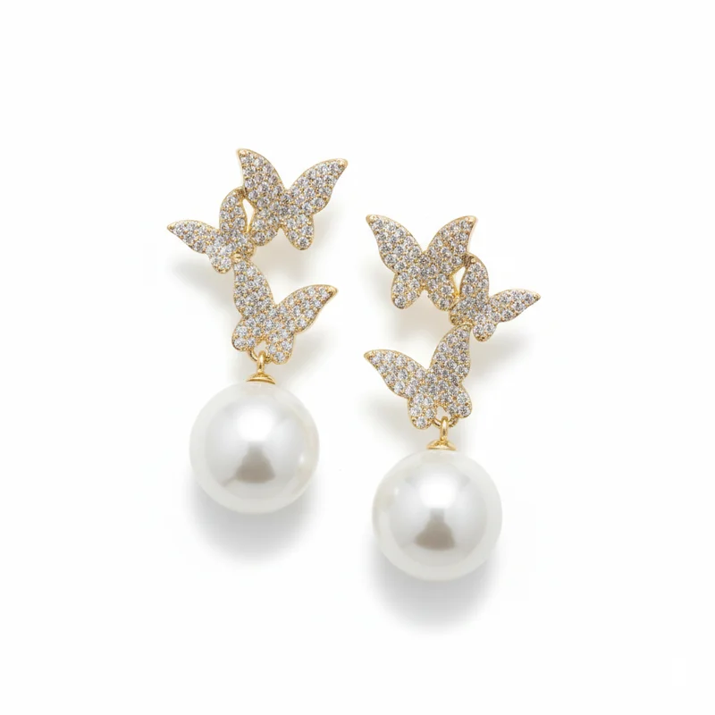 

MURMUR Luxury Triple Butterfly Pearl Drop Earrings Pave Rhinestone Bridal Jewelry
