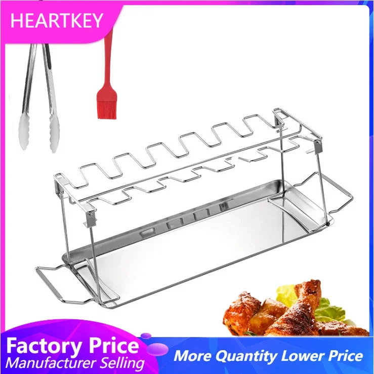 

Bbq Beef Wing Chicken Leg Grill Rack With Drip Pan 12 Slots Stainless Steel Roaster Stand Barbecue Accessories