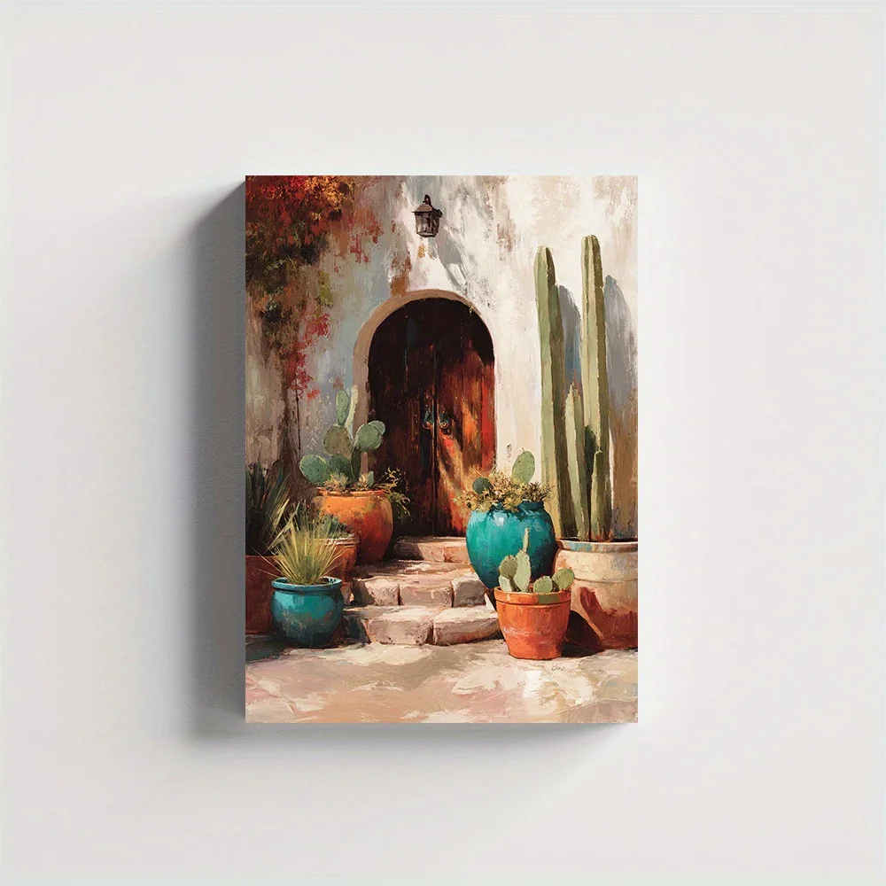 (No frame)2D Flat, Southwestern Desert Landscape Canvas - Bohemian Cactus Painting with Terracotta Pots & Rustic Arch Scene,