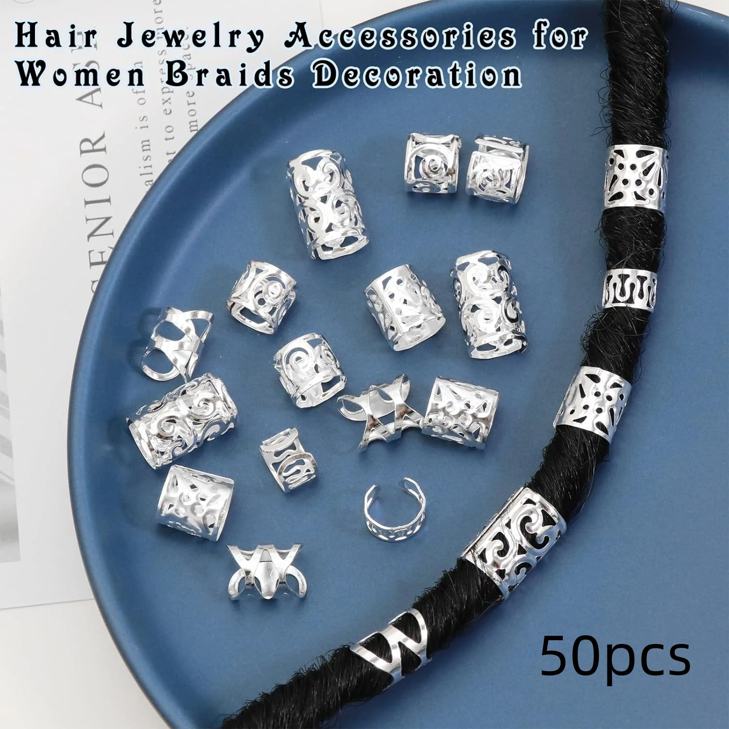 50pcs Dreadlock Hair Rings - Stylish Alloy Hair Accessories Loc Hair Jewelry for Braids for Girls and Women