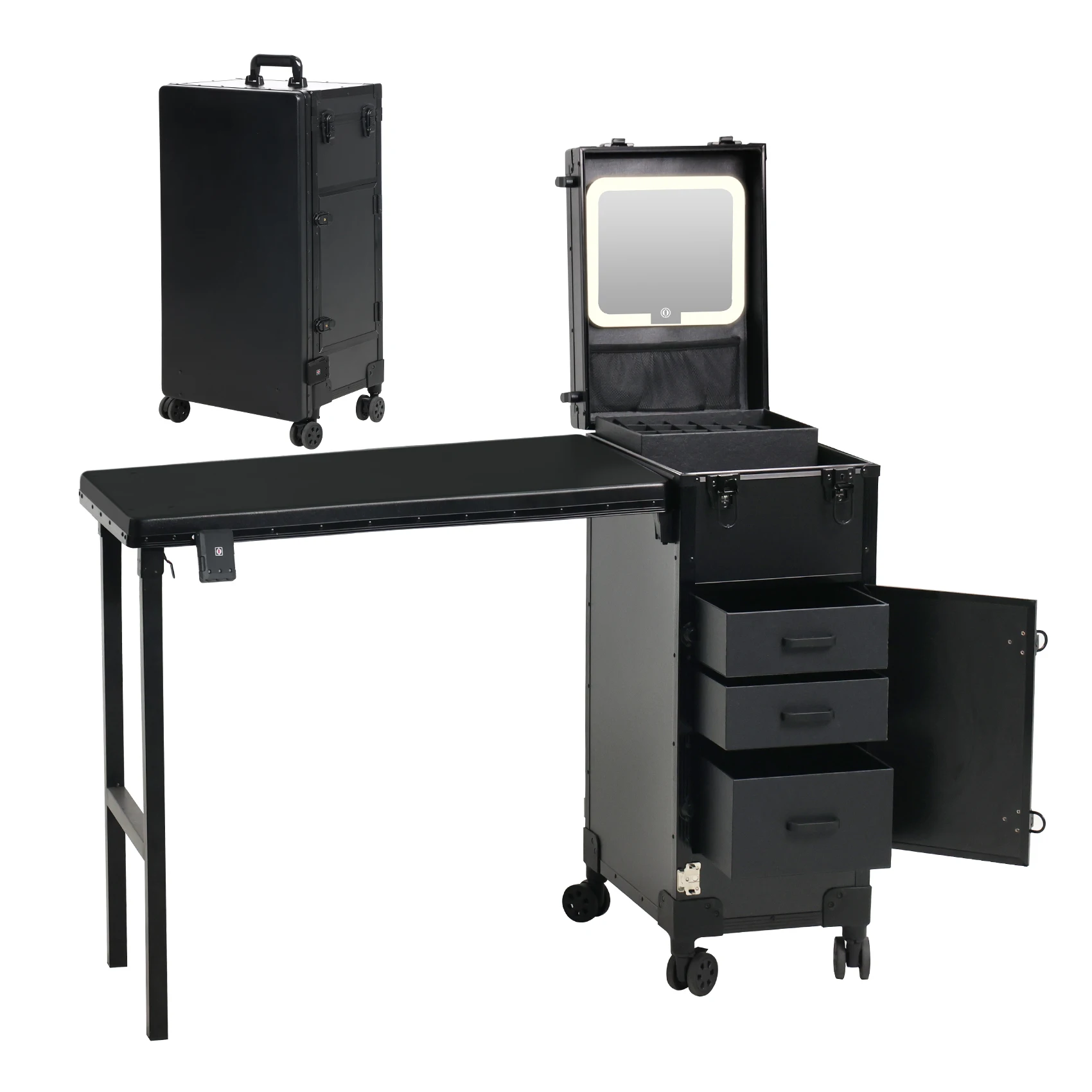 Foldable OEM/ODM Movable Cute Pink Nail Table With Factory Price With Lighted Mirror Manicure Desk With Drawer Makeup Case
