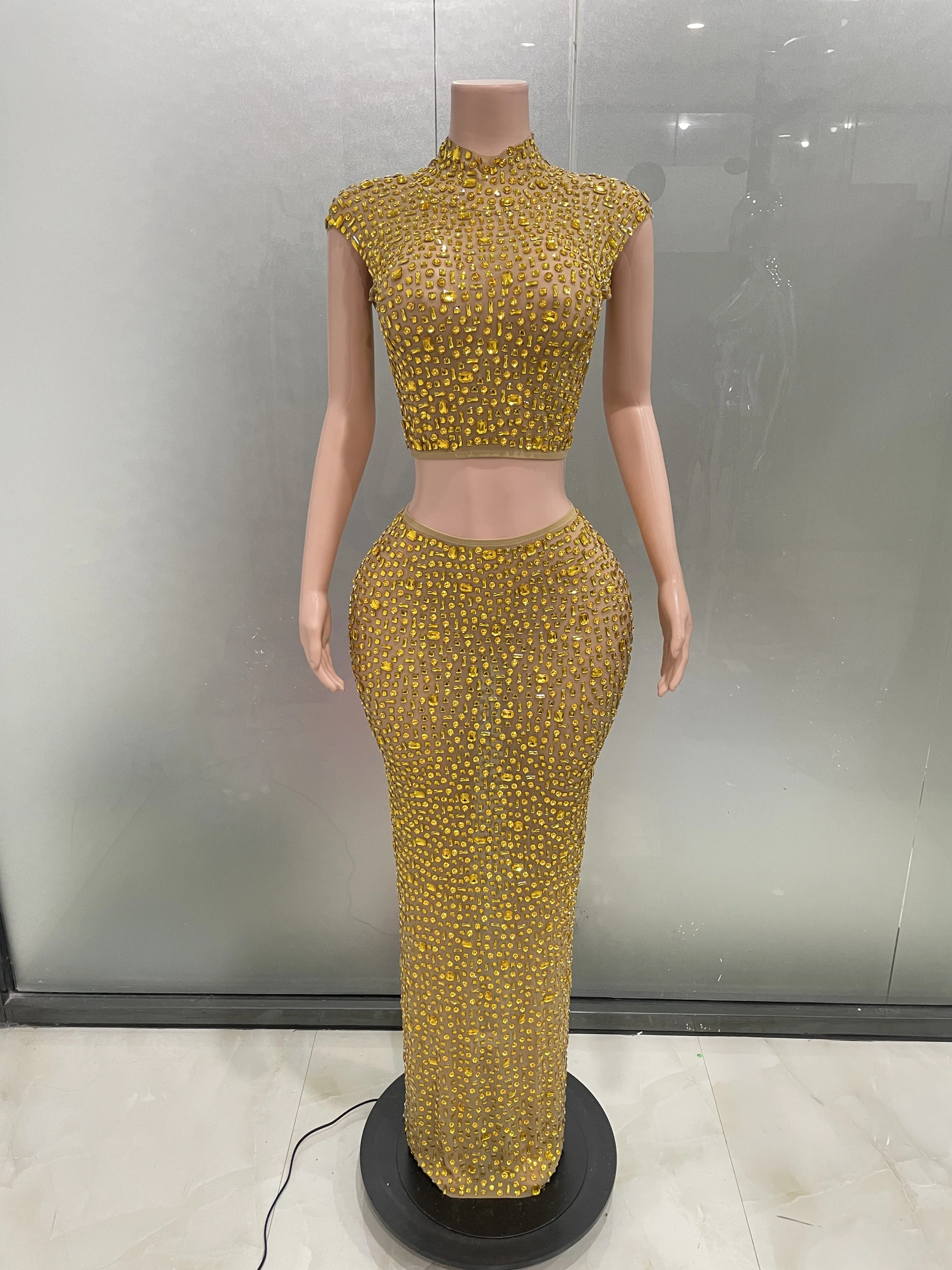 Sexy Luxury Sparkly Gold Rhinestone See Through Mesh Two pieces Long Dresse Women Club Party Wear Red Carpet Stage Show Costume