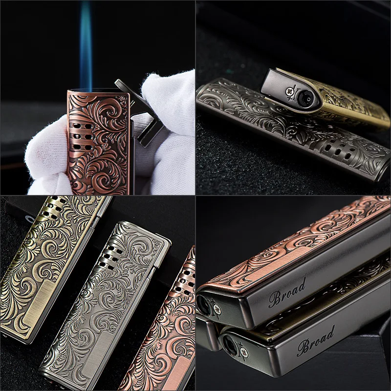 3D Embossed Gas Lighters Windproof Direct Dual Fire Lighter Metal Windproof Jet Fire Classic Vintage Cigar Lighter Men\'s Gifts