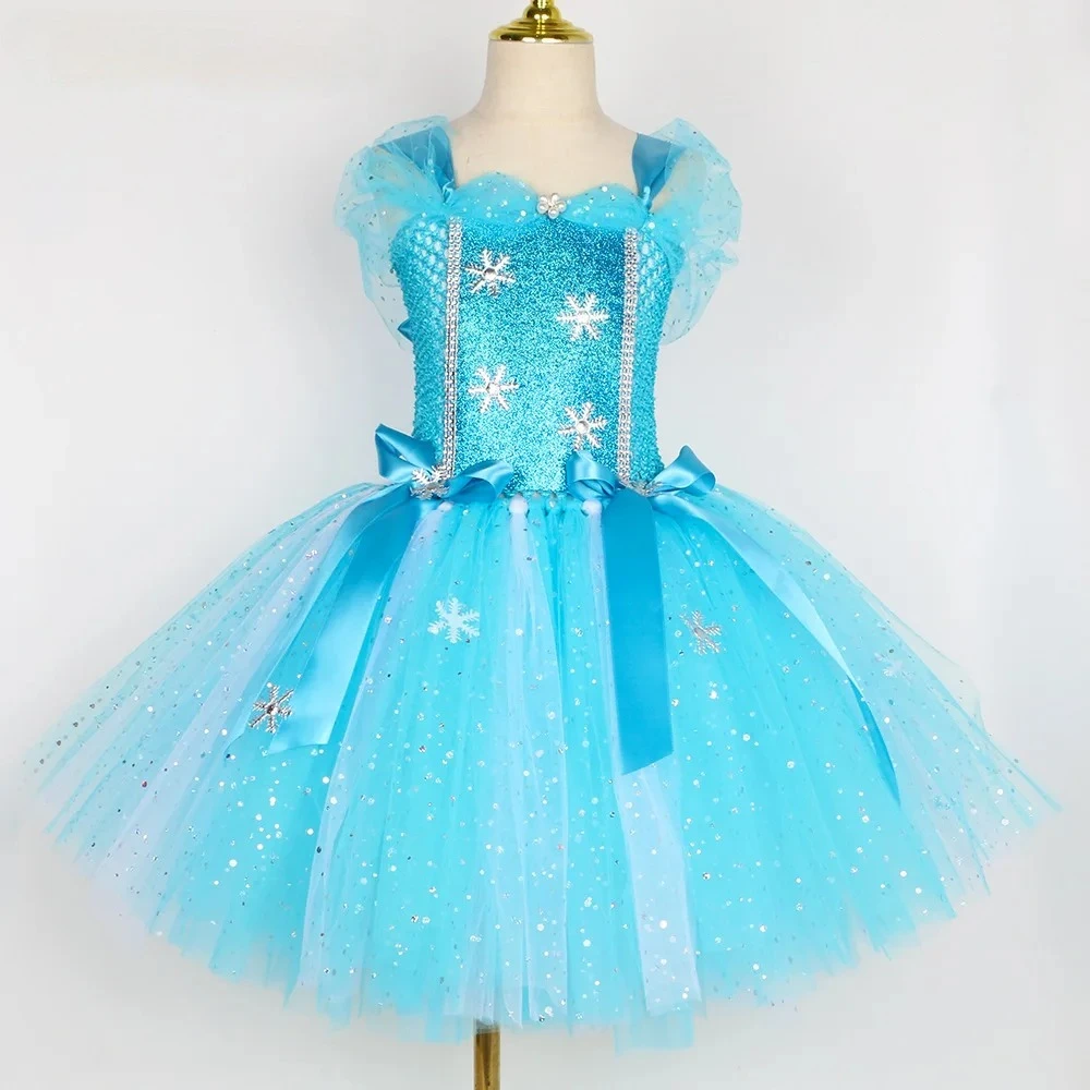 

Summer Blue Princess Dress Christmas Halloween Sleeveless Mesh Girls Dresses Snowflake Bow Decoration Cosplay Kids Clothing