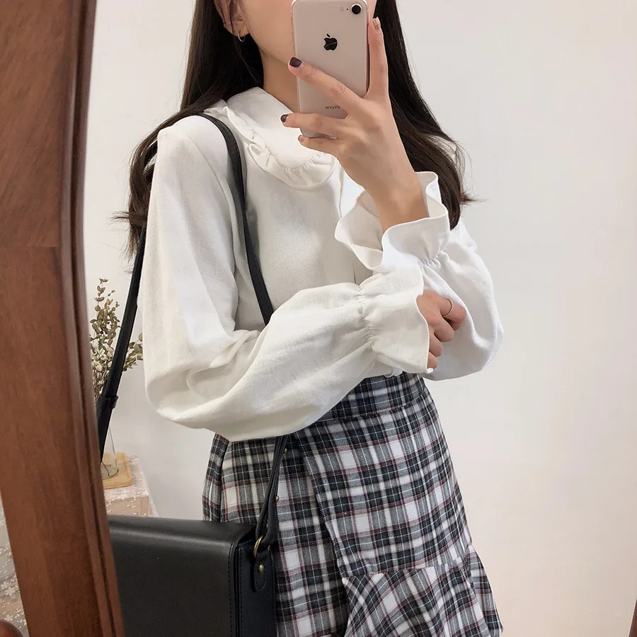 Shirts Women Peter Pan Collar Single Breasted Edible Tree Fungus Design Baggy Students Sweet Girls Simple All-match Korean Chic