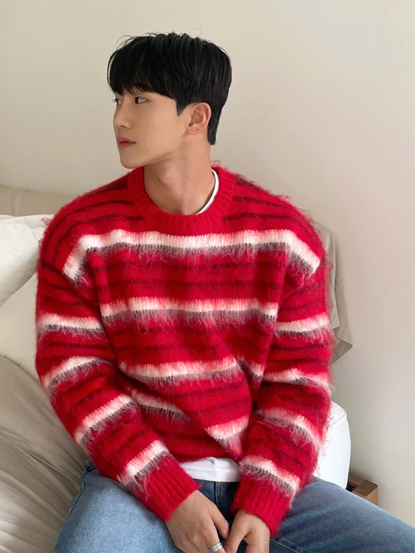 

Мужской свитер в красную полоску, повседневная мягкая свободная трикотажная одежда, корейский модный дизайн, удобный для отдыха, полиэфирное волокно