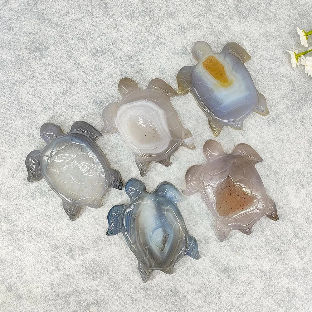 Natural Agate Geode Turtle Carving, Hand Carved Crystal Tortoise Figurine, Healing Stone, Ocean Theme Home Decor Gift