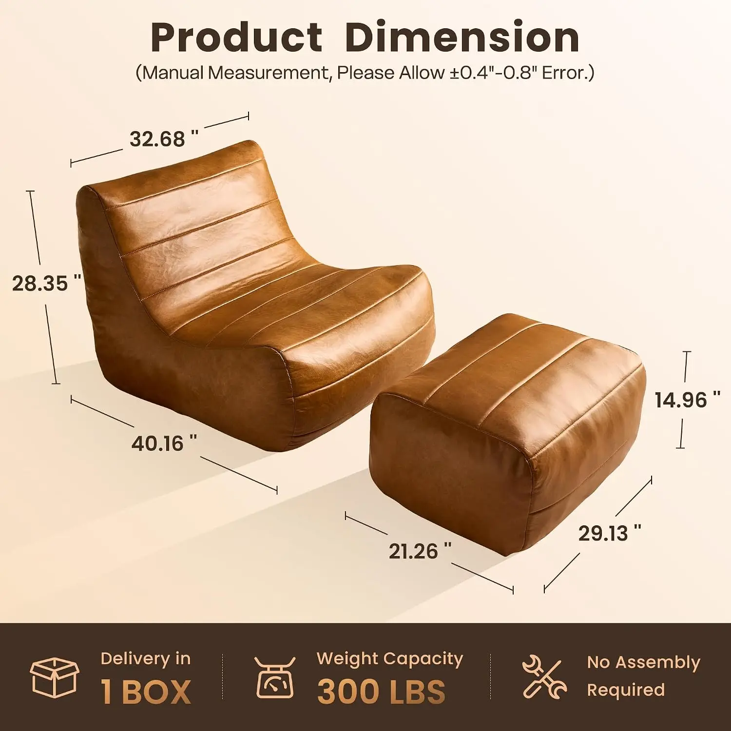 Faux Leather Bean Bag Chair & Ottoman Lounge Sofa Adults Brown, Customized