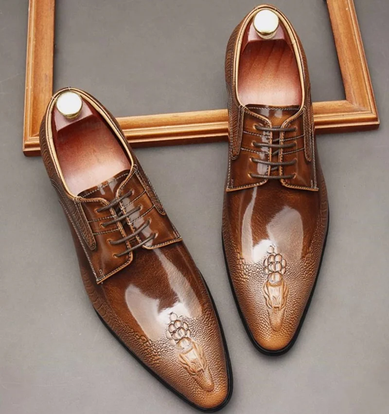 Crocodile-pattern Leather Shoes For Men Fashion Pointed Toe Lace-up Dress Shoes Patent Leather Business Formal Shoes