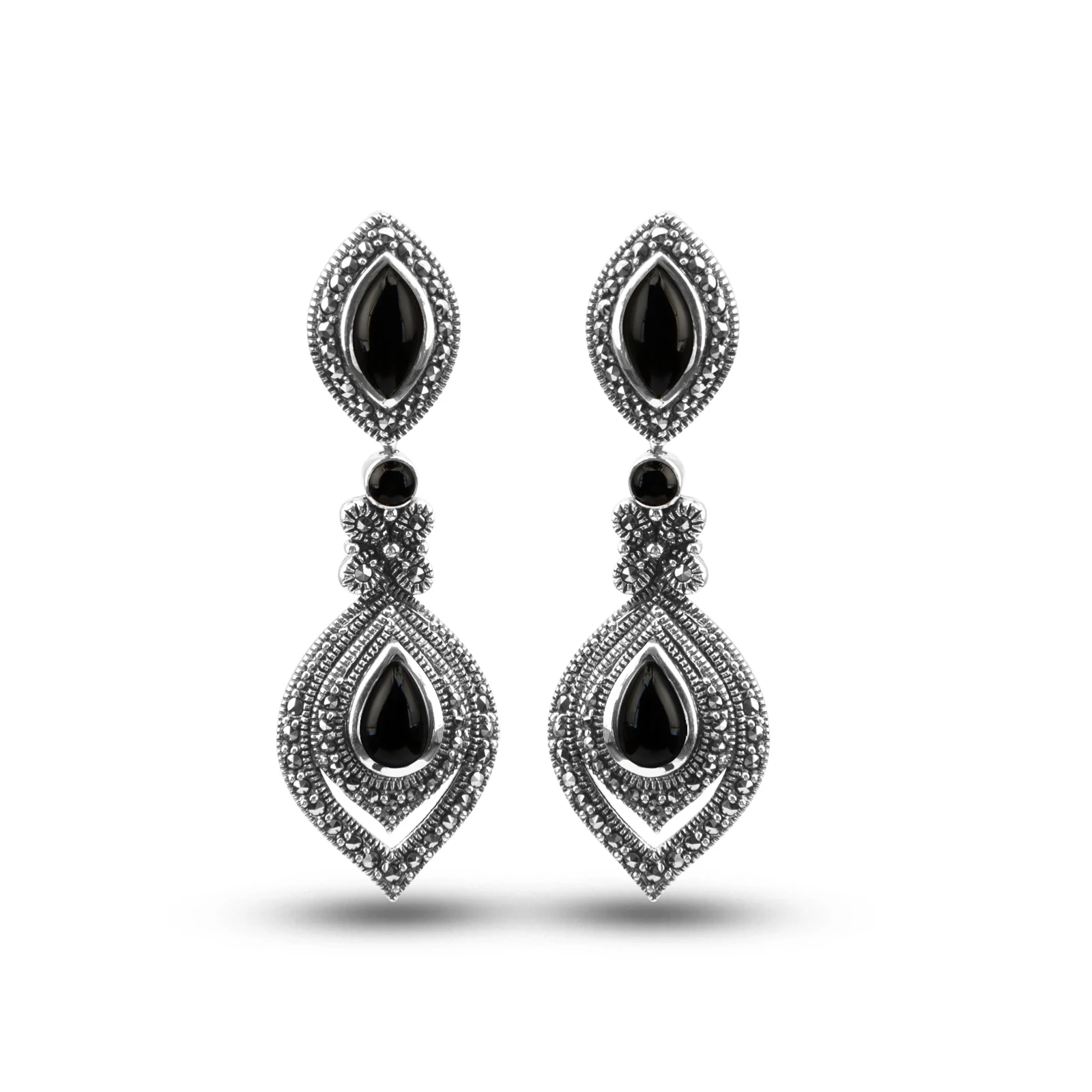 YYSuniee Ethnic Style Retro S925 Silver Leaf Earrings Thai Silver Long Style Inlaid Synthetic Agate Water Droplet Silver Earring