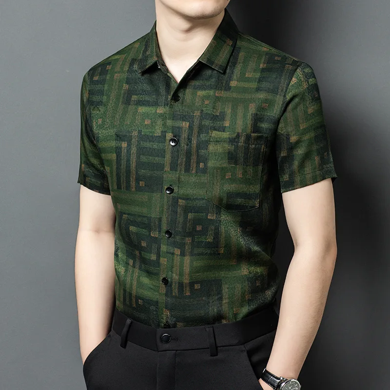 

High Quality Real Silk Summer High-End Xiangyun Yarn Short-Sleeved Shirt Youth Fashion Casual Thin Lapels Top Men's