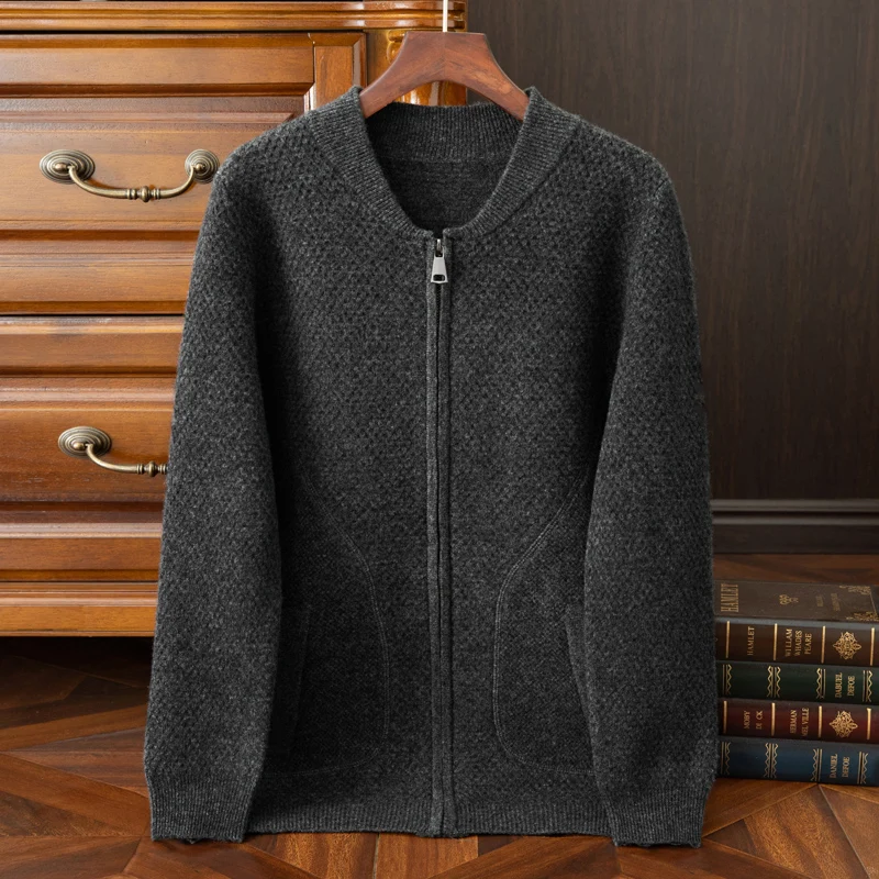Autumn And Winter New Men's Thick 100% Pure Wool Knitted Cardigan Sweater Business Casual Shirt Collar Coat