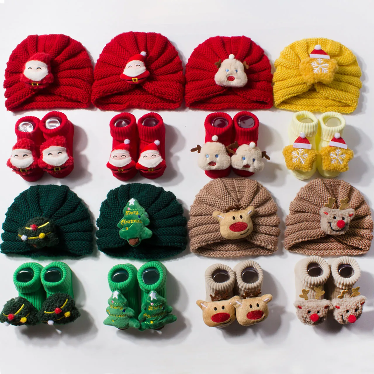 

0-6Month Newborn Christmas Set Santa Claus Socks Winter Warm Knit Turban Cap Cute Baby Headscarf Hat Boy Girl Xmas Tree Beanies