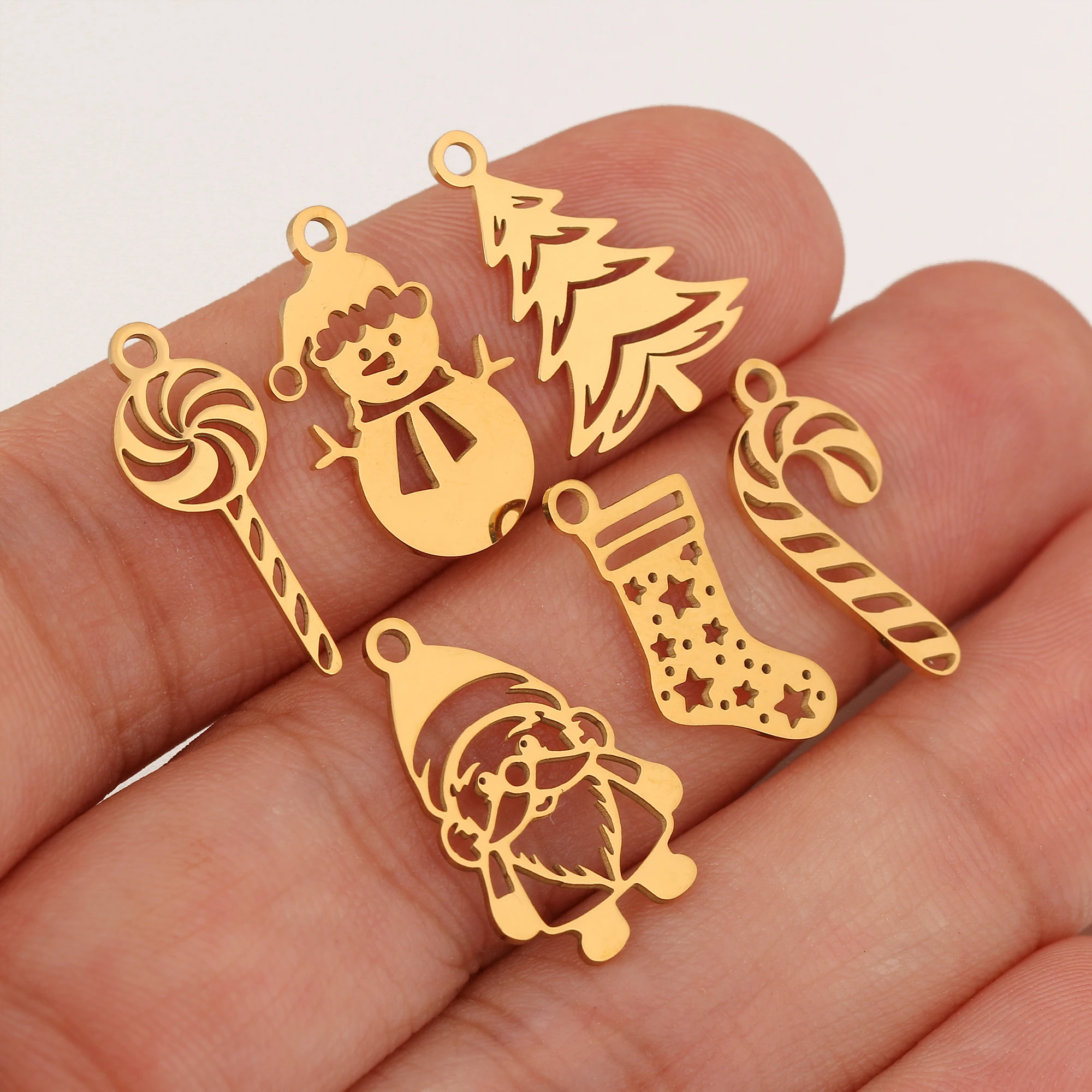 5 Stück Weihnachtsbaum/Süßigkeit Zuckerrohr/Schneemann/Weihnachtsmann Charm Edelstahl Stiefel Weihnachten Anhänger DIY Halskette Armband Schmuckherstellung – Detail 8