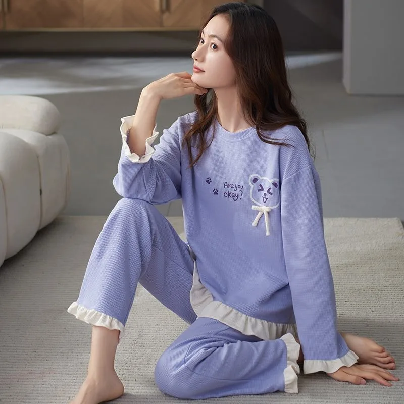 2024 New Sleepwear Spring Autumn Long Sleeve Cute Sweet Student Pajamas Set Women Round Collar Large Size Cotton Homewear Suit