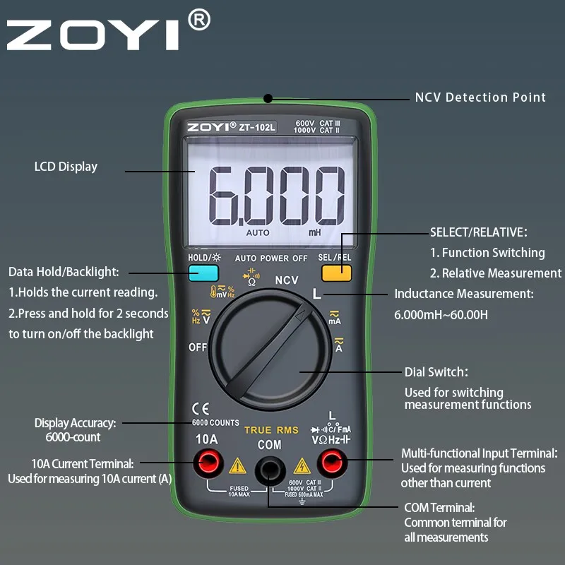 Automatic range Inductance multimeter ZT-102L compact compact high-precision multimeter 60H automatic range