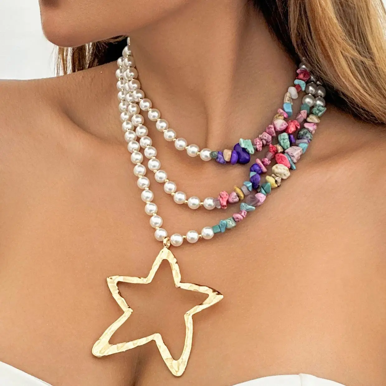 

Lacteo Vintage Imitation Pearl Beaded Layered Necklace With Star Pendant Choker for Women Jewelry On The Neck Chain Party Gifts