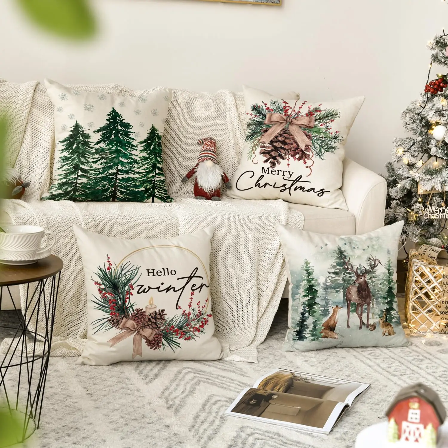 Merry Christmas Trees Reindeer Snowflake Throw Pillow Covers, Winter Holiday Cushion Case Decoration for Sofa Couch Set of 4
