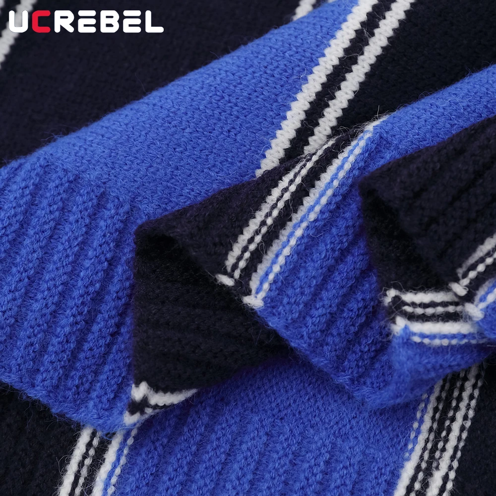 Contrast Striped Sweater Mens Letter Embroidery Autumn Winter High Street Lapel Long Sleeve Knitted Pullover Man