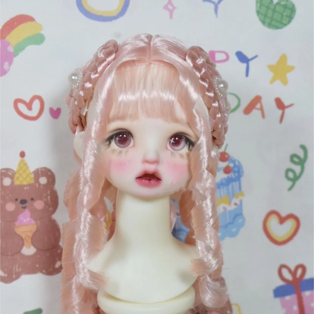 Fashion 1/4 1/6 BJD Doll Hair, Pink Color Milk Silk Straight Wig Bangs Curly Free Shipping