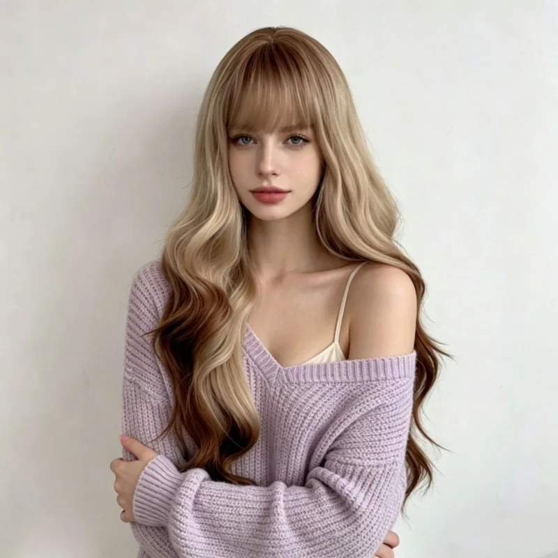 Cross-border European American best-selling long curly wig with a natural look, full headpiece, rose net, and matte finish