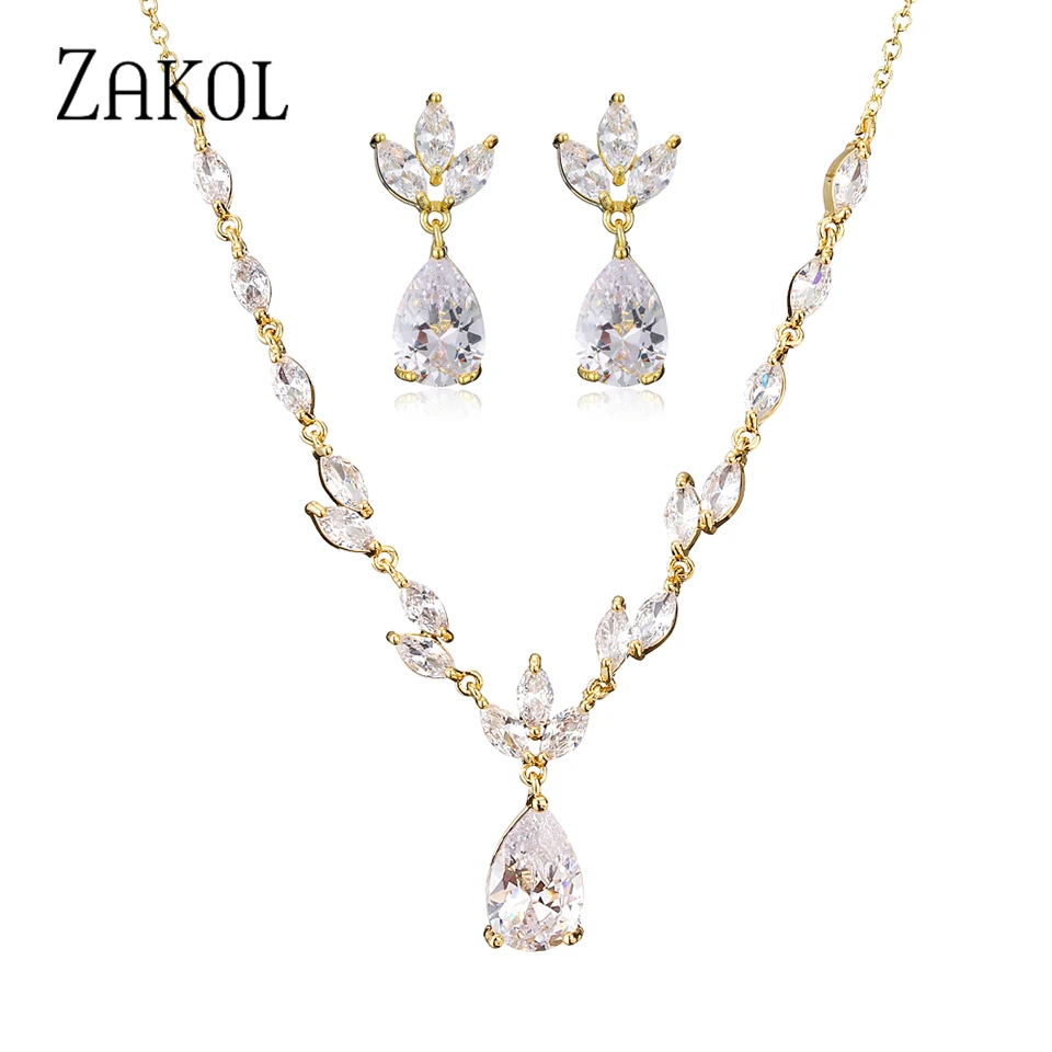 ZAKOL Elegant Necklace/Earring Jewelry Set for Women Gorgeous Pear Water Drop AAA Zircon Wedding Jewelry Gift