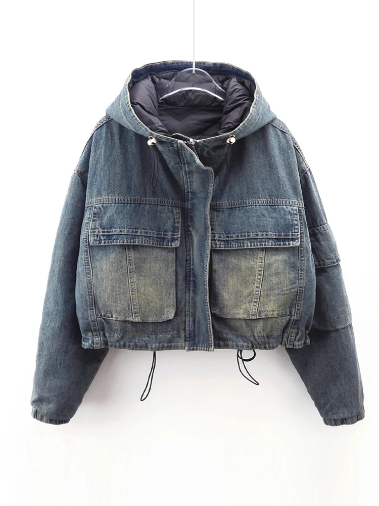 Korean Version Denim Jacket With Double-sided Patchwork Hooded Short Cotton Coat For Women Winter New Fashion Design Trendy