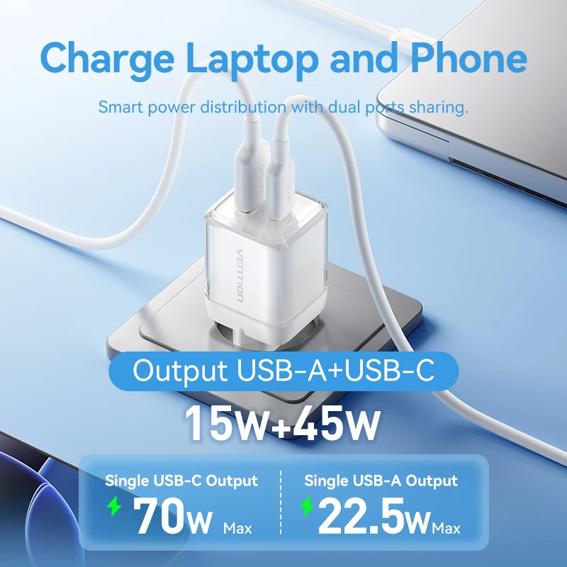 Vention 70W GaN Charger USB Type C Charger PD QC PPS Portable Fast Charge For iPhone 16 15 14 13 Pro Max Samsung Laptop Charger