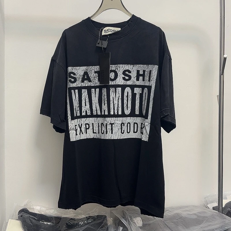 Real Photo Oversize SATOSHI Tshirts Washed Worn Damaged Cracked Retro Print Cotton Black Round Neck Short Sleeve Men Women Tops