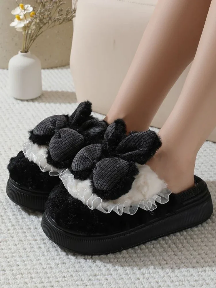 Hot Sale Unique Women's Fuzzy Plush Slippers with Bowknot Bunny Ears Winter Warm Anti Slip Indoor Home Shoes