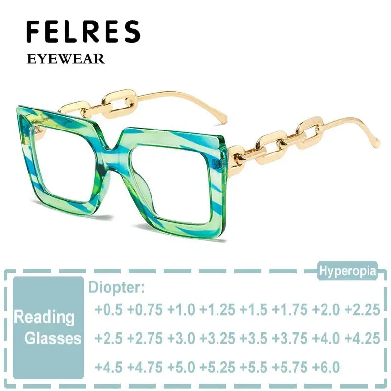 Fashion Trending Oversized Square Reading Glasses Women Metal Chain White Black Glasses Frame Anti Blue Light Presbyopia Glasses