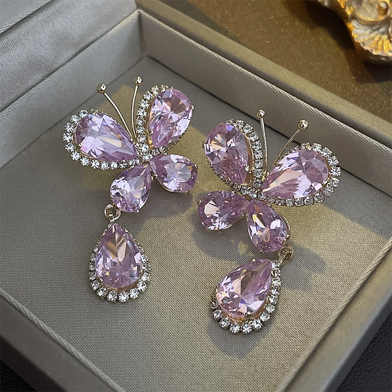 Pendientes de gota de agua de mariposa de circón para niñas, estilo dulce y fresco, pendiente de gota rosa, joyería delicada brillante OL, moda elegante