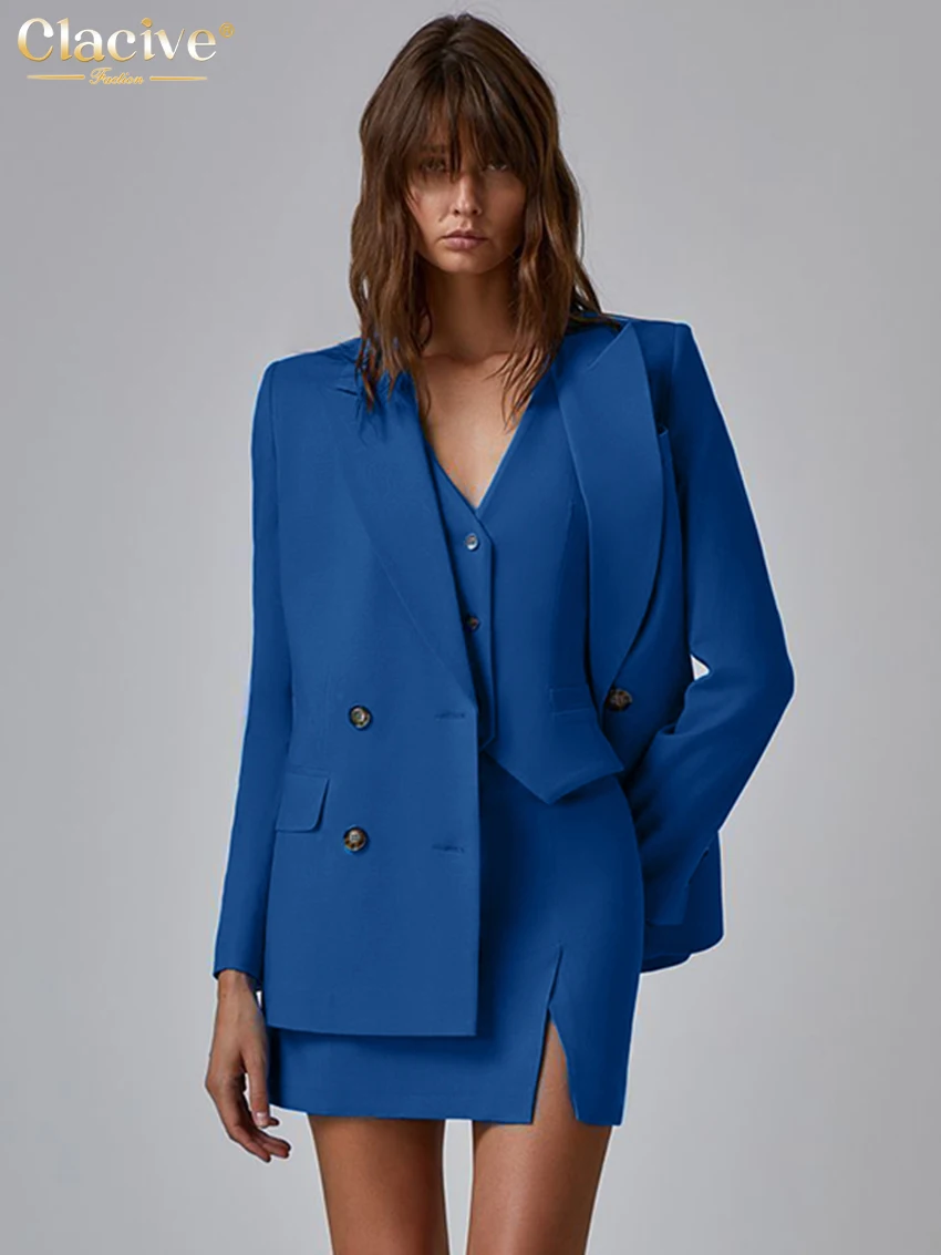 Clacive Fashion Loose Blue Office 2 Piece Set Women Outfit Elegant Long Sleeve Blazer + Tank Top With High Waist Mini Skirt Set