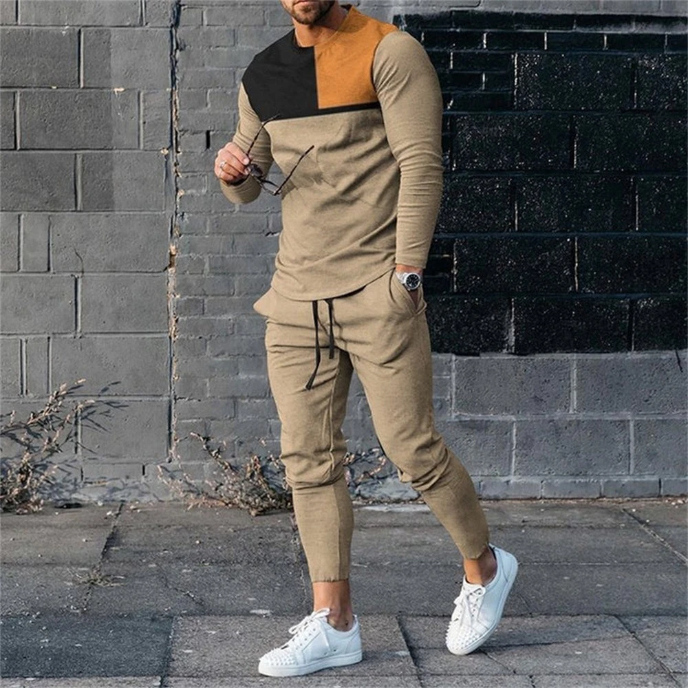 Fashion Color Stripe 3D Print Men\'s Sportswear Set Casual Long-Sleeved T Shirt Pants 2-Piece Set Oversized Pullover Men Clothing