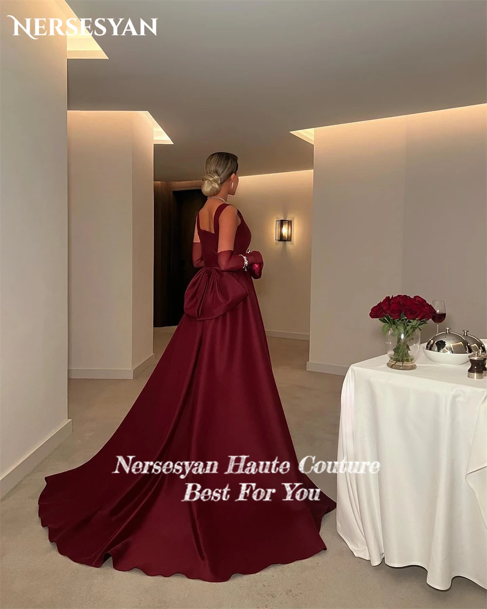 Nersesyan Elegant Burgundy Evevning Dresses robes de soirée A-Line Sauqre Collar Backless With Big Bow Party Gowns For Wedding