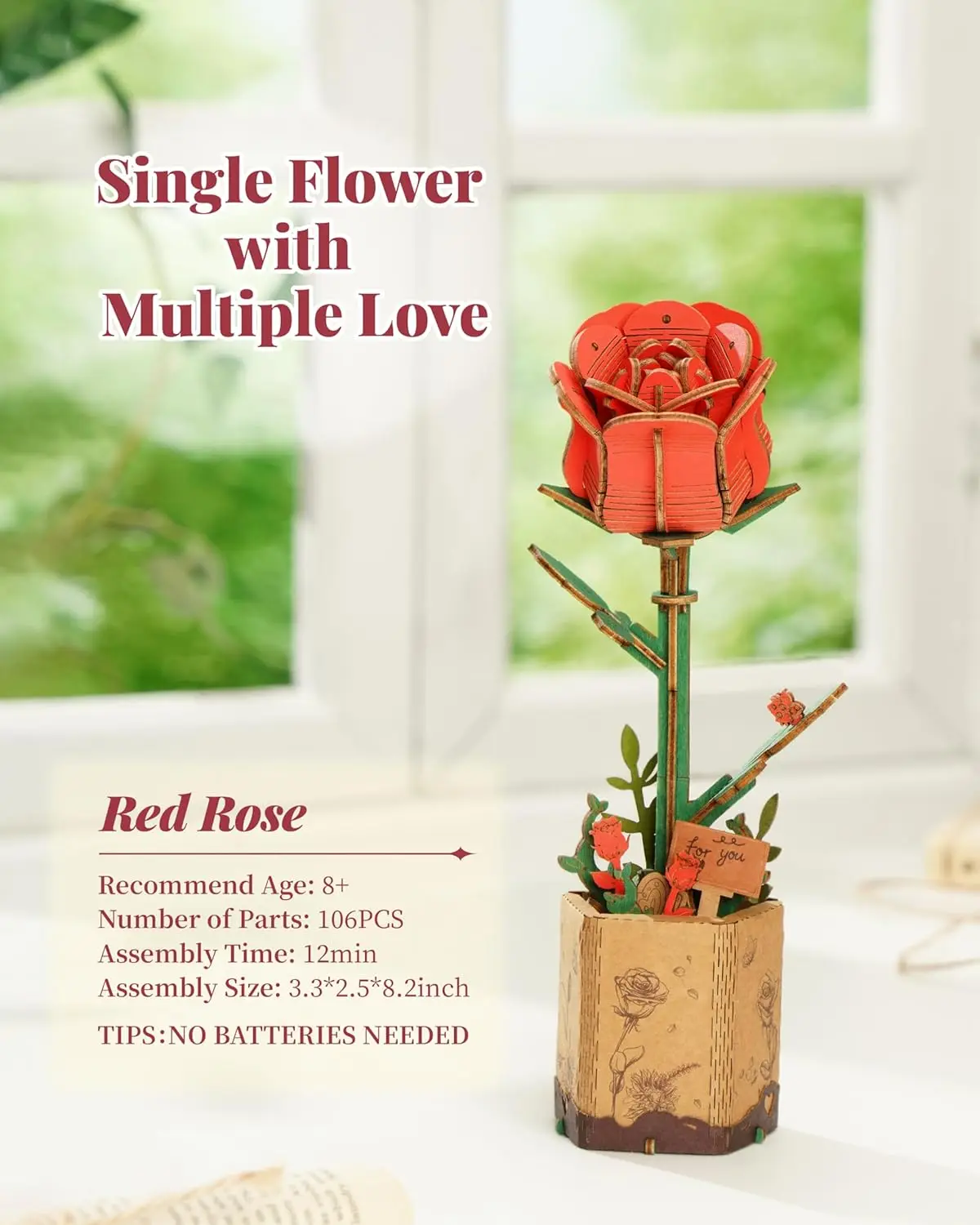 Robotime Rolife 3D Wooden Puzzle Flowers Wooden Craft Model Kits Eternal Flowers for Her Women Mom -Red Rose Pink Red Carnation