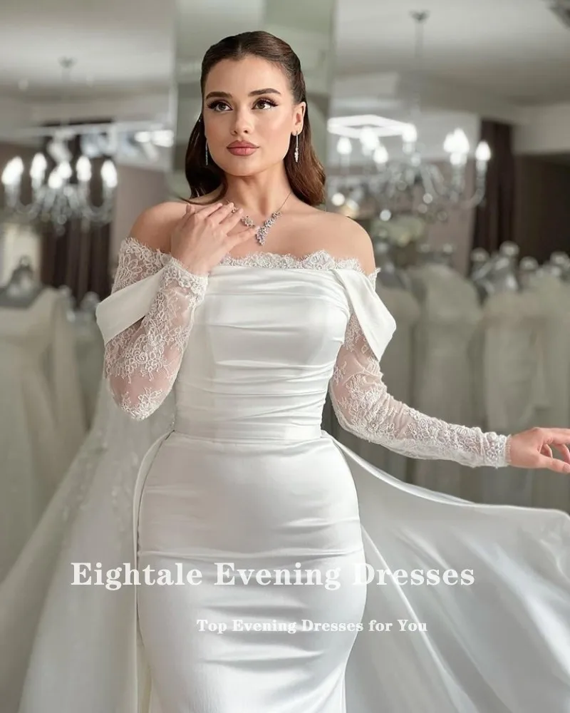 Eightale Boho Wedding Dresses Strapless Long Sleeves Customized Satin Mermaid Lace White Bridal Gown Vestidos De Novia