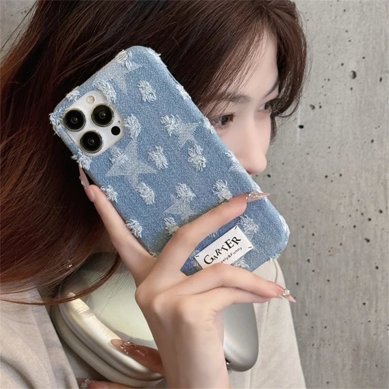 Korean Denim Embroidered Stars Phone Case For iPhone 16 Pro 14 13